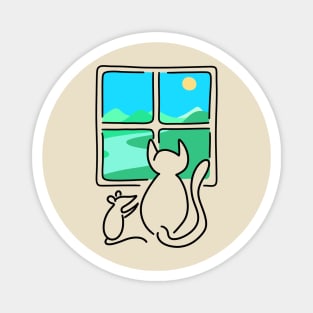 Cat and Mouse Window View BLACK OUTLINE Magnet